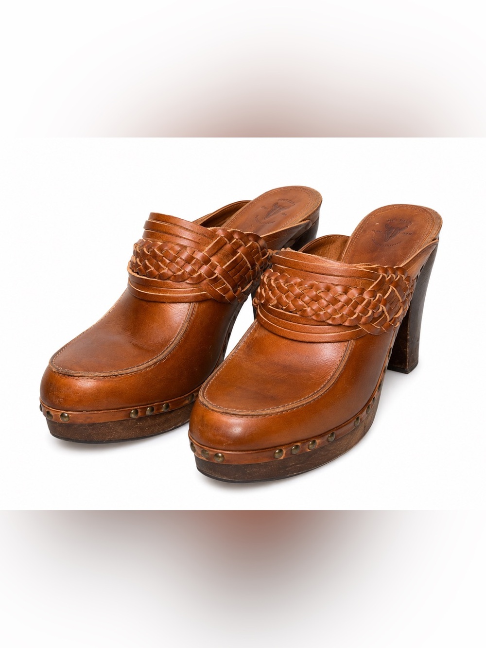 Frye Leather Woven Braided Platform Clogs Mules 9.5 Cognac Boho Western Heel